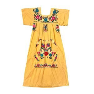 Vintage Midi Dress Oaxaca Small Orange Handmade Floral Embroidered Square Neck